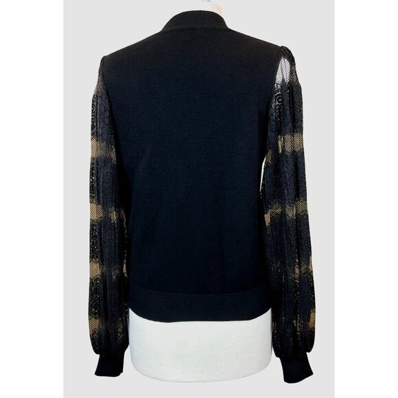 Nanette Lepore Black Sweater Ribbed Neck Cuffs Hem Pleated Lace Long Sleeves M - Picture 4 of 7